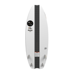 Bottom view of MOAB board with HL and MOAB logos, fins, and carbon fiber stripe.