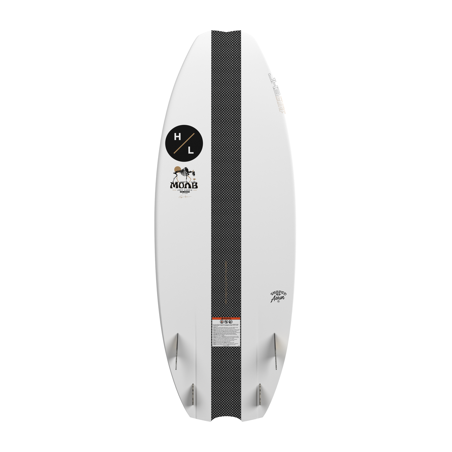 Bottom view of MOAB board with HL and MOAB logos, fins, and carbon fiber stripe.