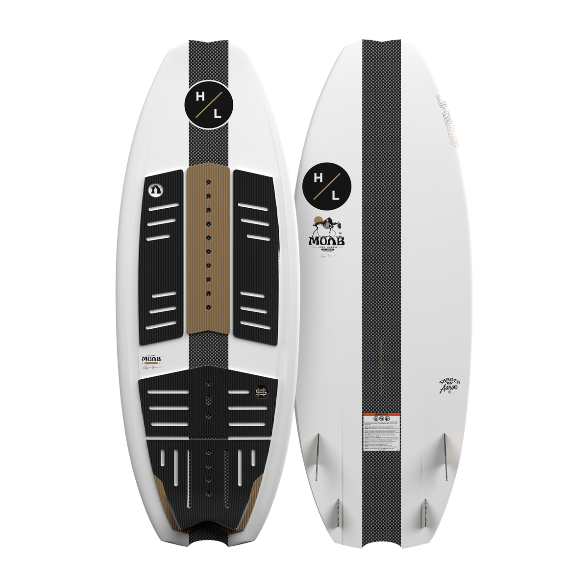 Top and bottom view of MOAB boards showing logos, fins, and traction pads.