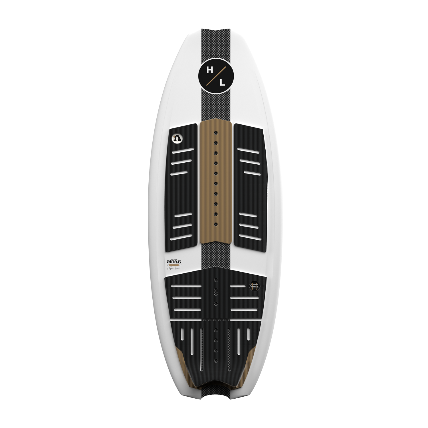 Top view of MOAB board with black and brown traction pads on white surface.