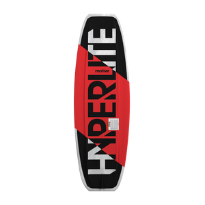 Full base view of Motive Jr. wakeboard with bold Hyperlite logo across red and black.