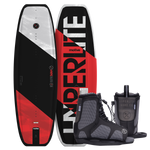 Top and bottom view of Motive Jr. wakeboard in red, black, and white with gray and black Remix bindings.