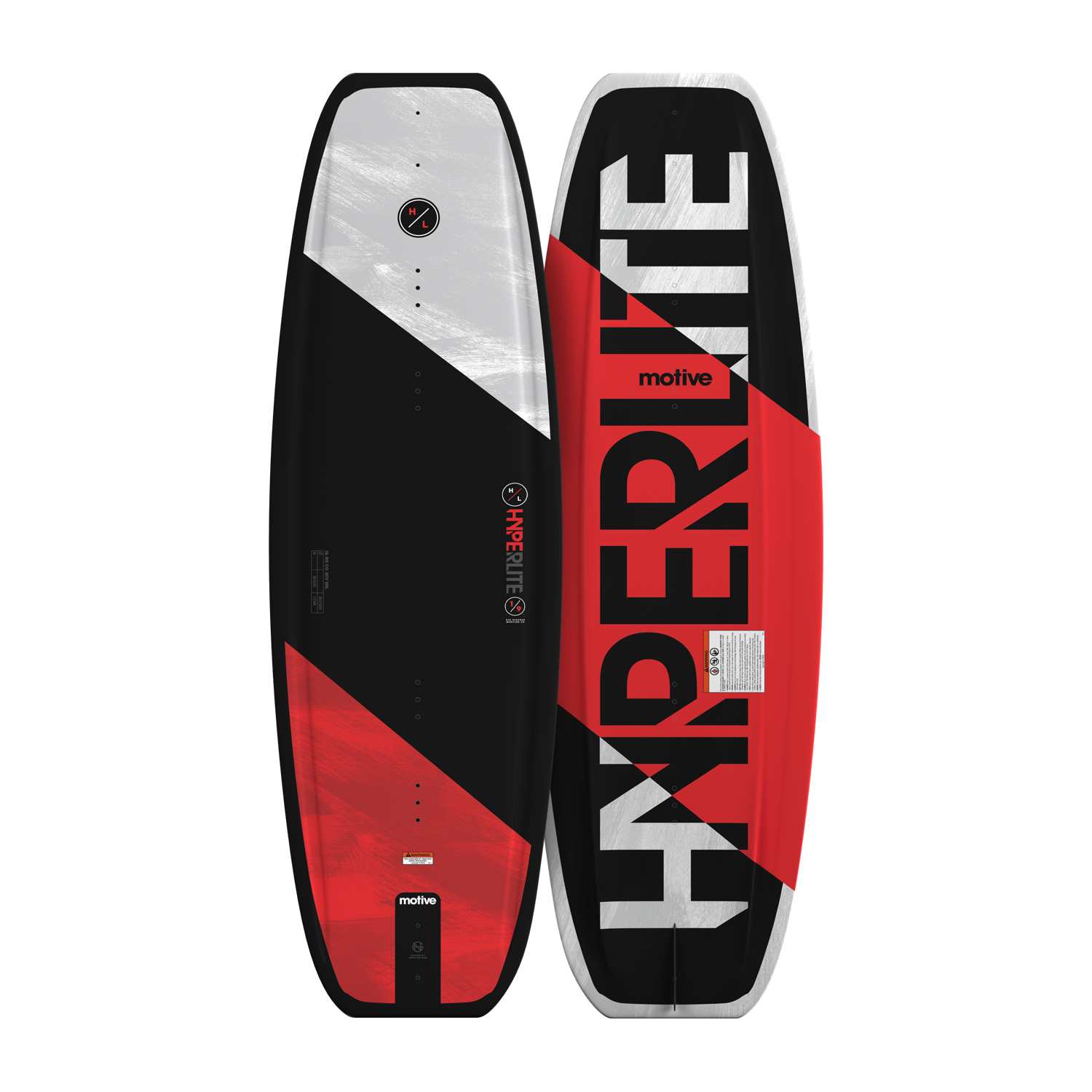 Side-by-side view of Motive Jr. wakeboards showing diagonal color blocks and logos.