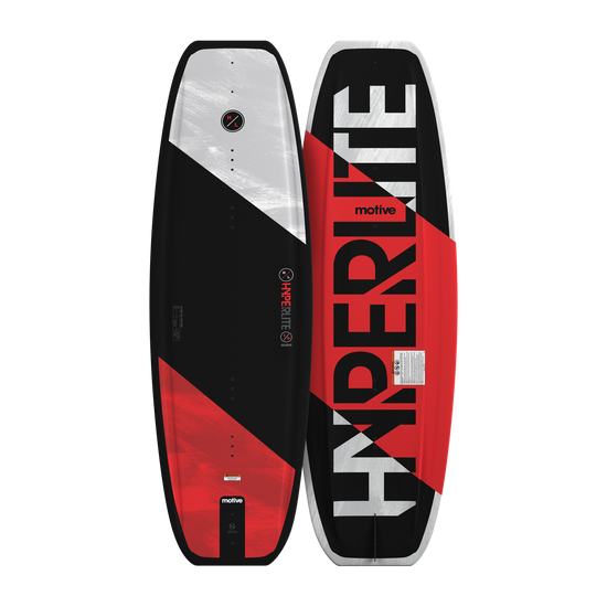 Side-by-side view of Motive Jr. wakeboards showing diagonal color blocks and logos.