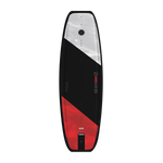 Full top view of Motive Jr. wakeboard with black base and diagonal red and white panels.