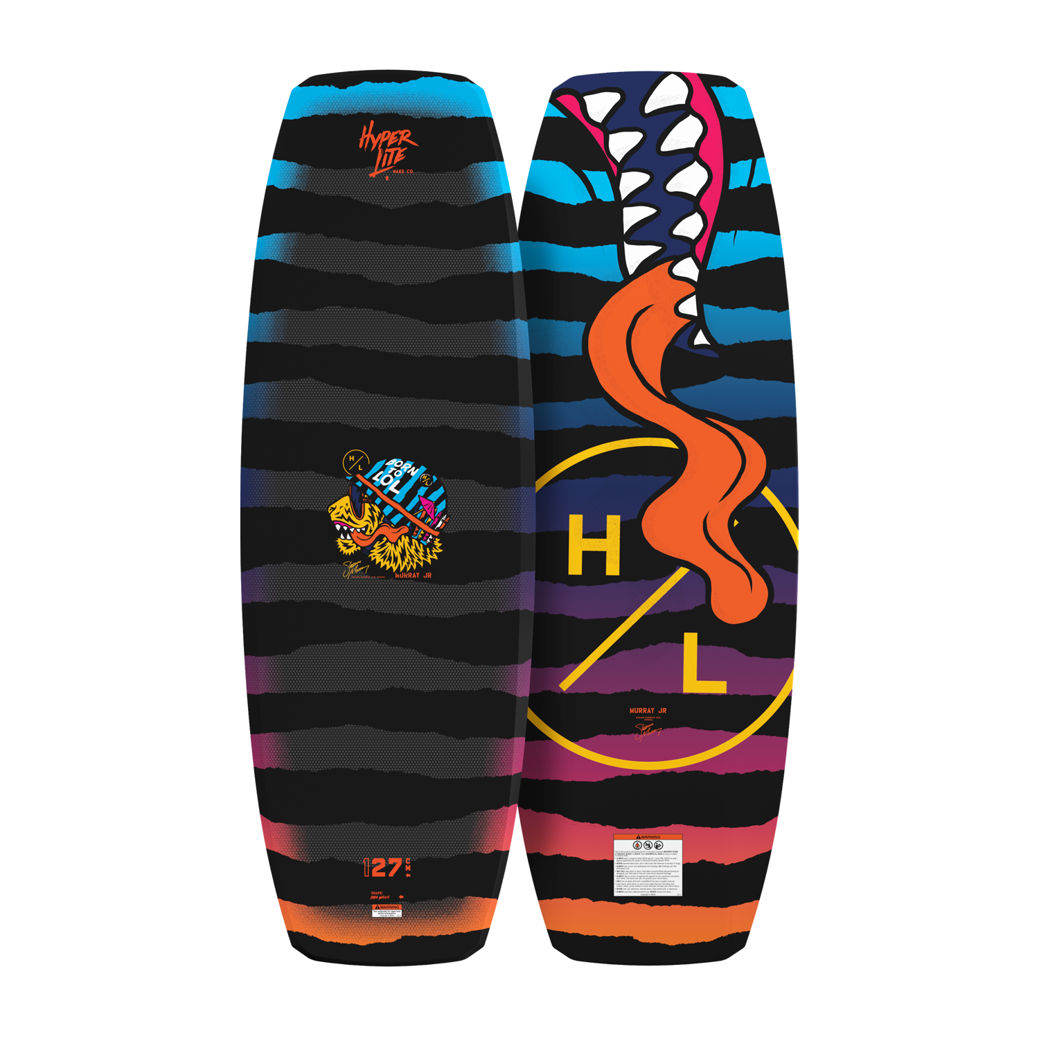 Top and base view of Murray Jr. Boys wakeboard with striped graphics, lion, and tongue artwork.