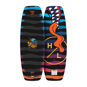 Top and base view of Murray Jr. Boys wakeboard with striped graphics, lion, and tongue artwork.