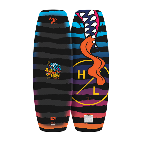 Top and base view of Murray Jr. Boys wakeboard with striped graphics, lion, and tongue artwork.