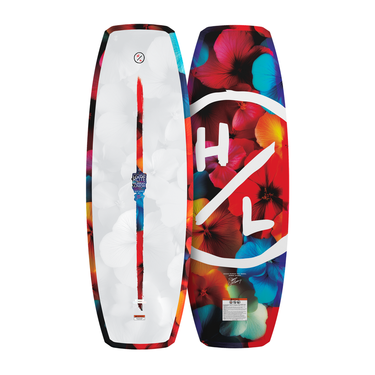 Top and base view of Murray Jr. Girls wakeboard with white top and floral base design.