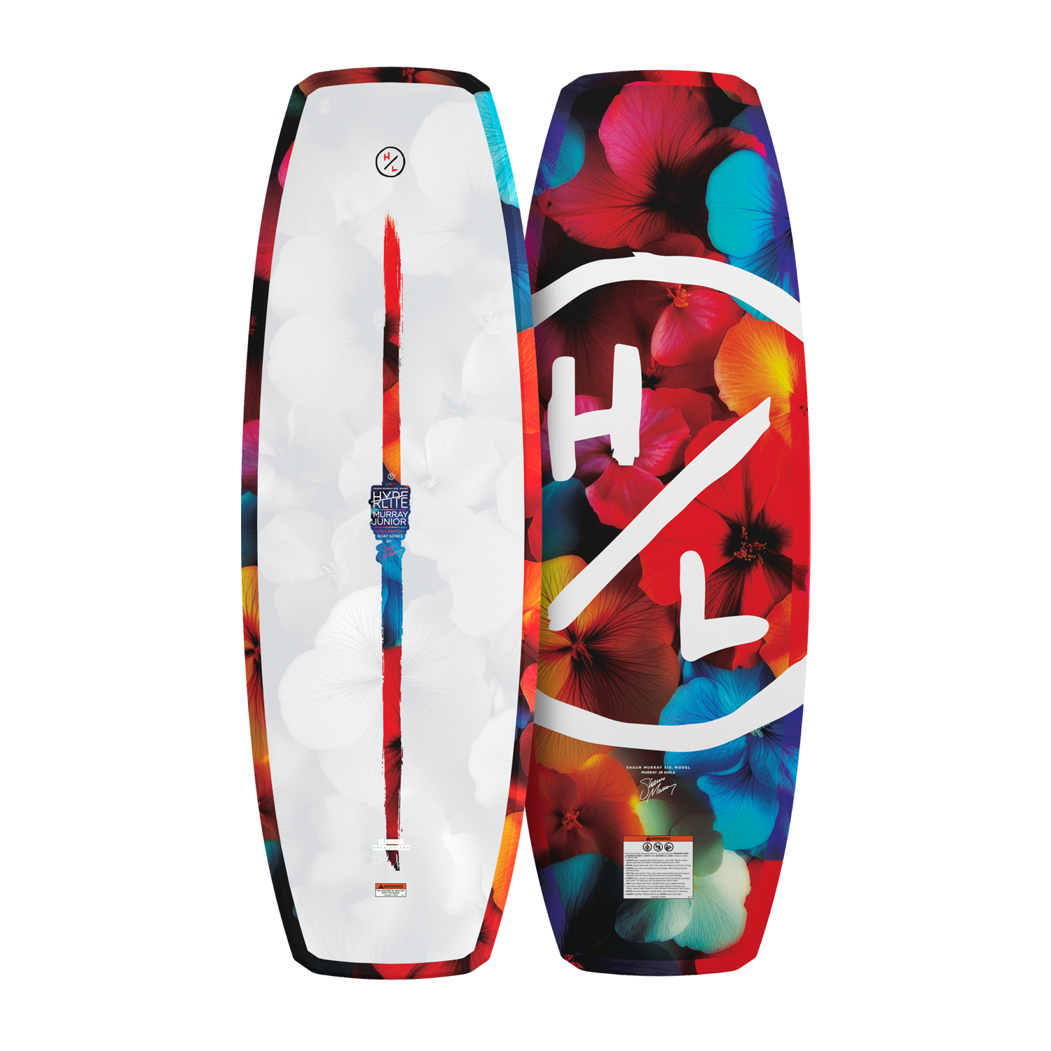Top and base view of Murray Jr. Girls wakeboard with white top and floral base design.