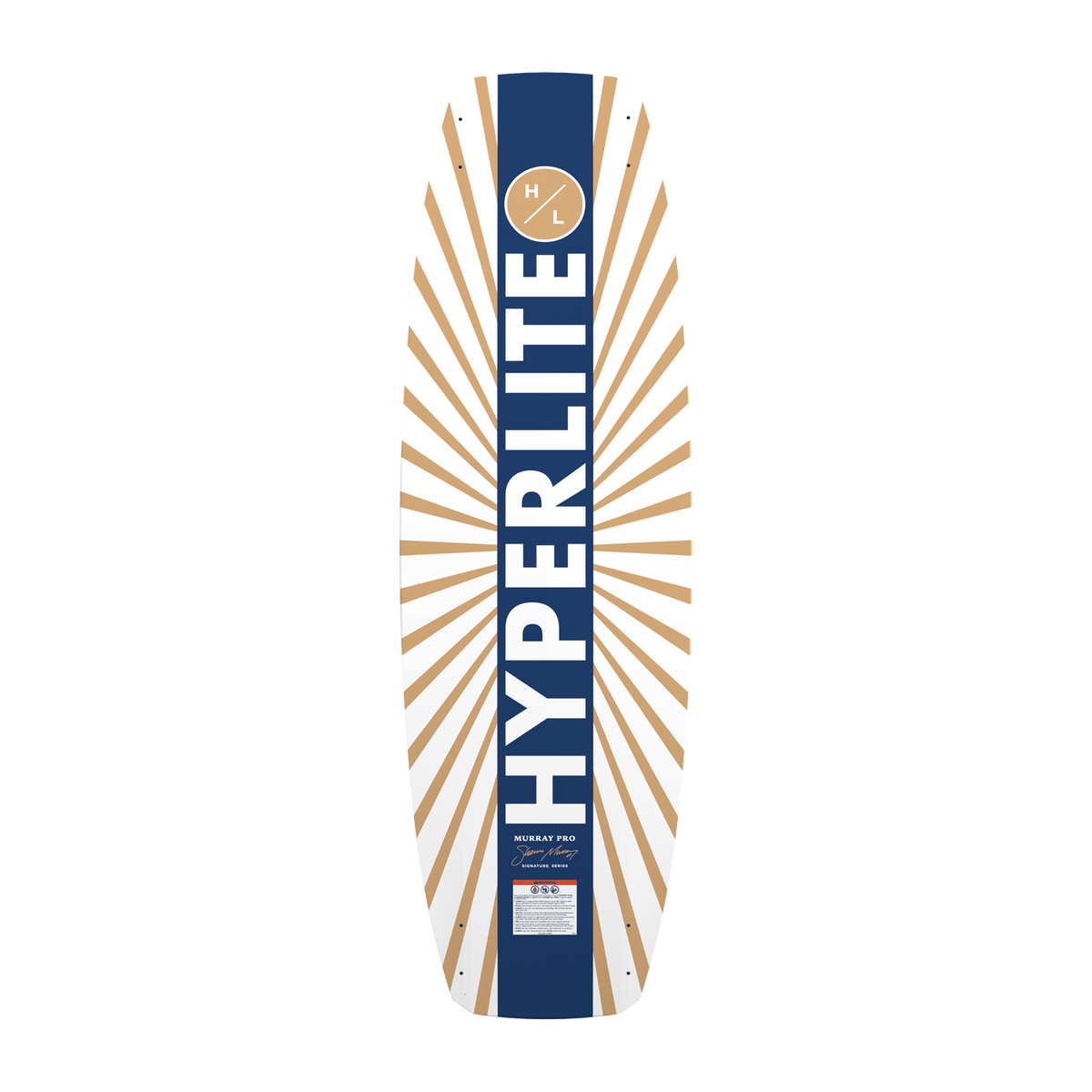 Bottom view of Murray wakeboard with bold gold sunburst and vertical Hyperlite logo.