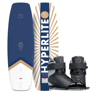 Top and bottom view of Murray Pro wakeboard in navy, white, and gold with black Session bindings.