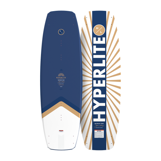 Top and base view of Murray wakeboard with blue top deck and white base accents.