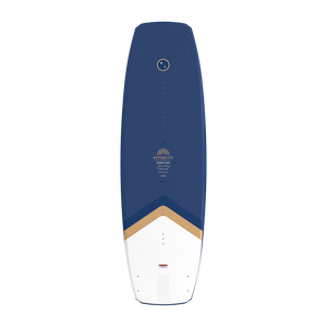 Top view of Murray wakeboard featuring blue deck with gold and white geometric design.