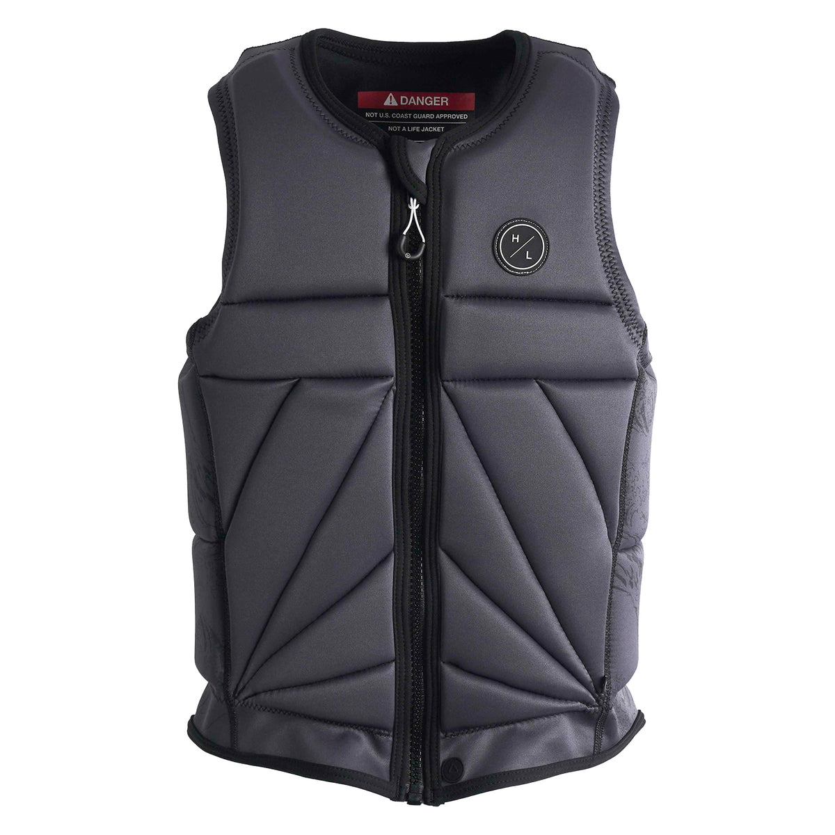 Front view of Nalu Jacket showing padded gray panels and exposed interior warning label.