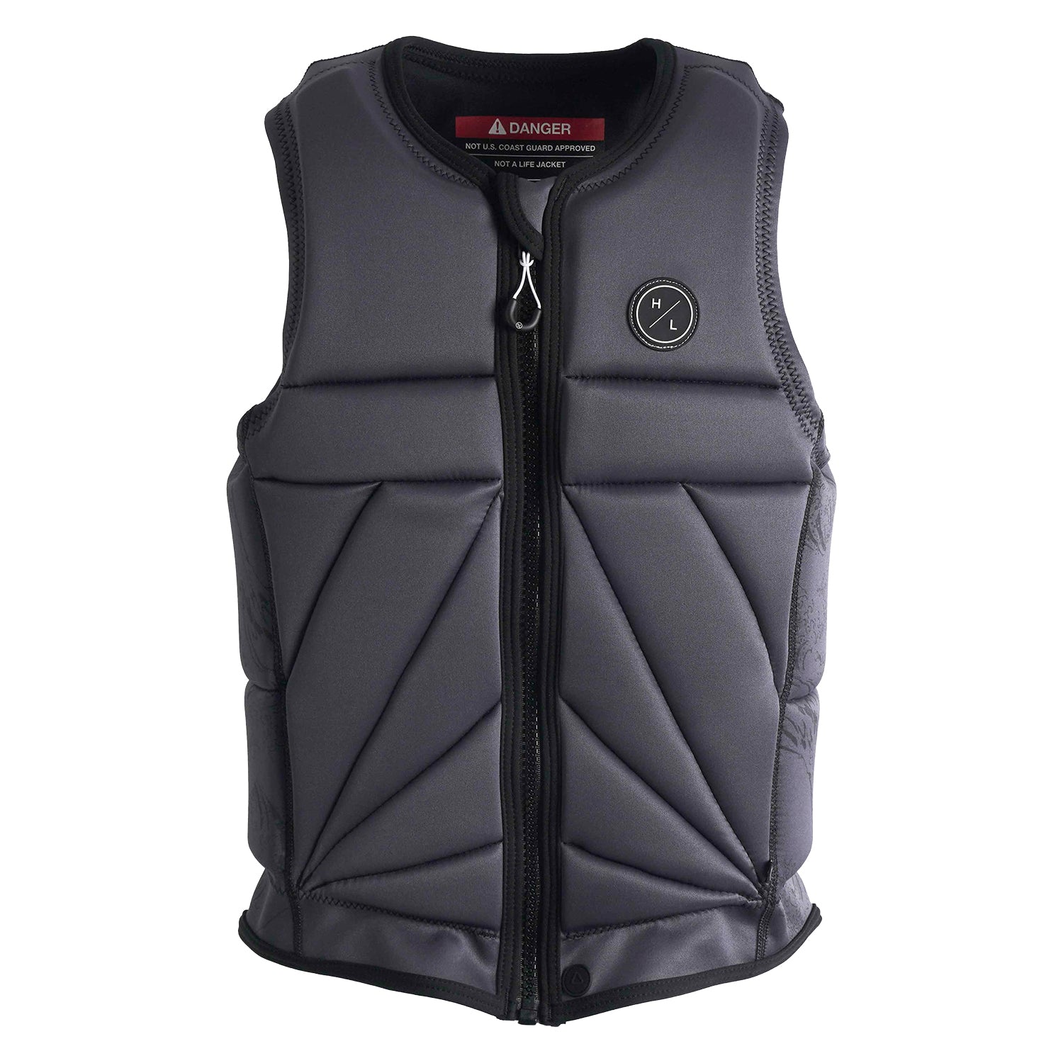 Front view of Nalu Jacket showing padded gray panels and exposed interior warning label.