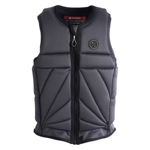 Front view of Nalu Jacket showing padded gray panels and exposed interior warning label.