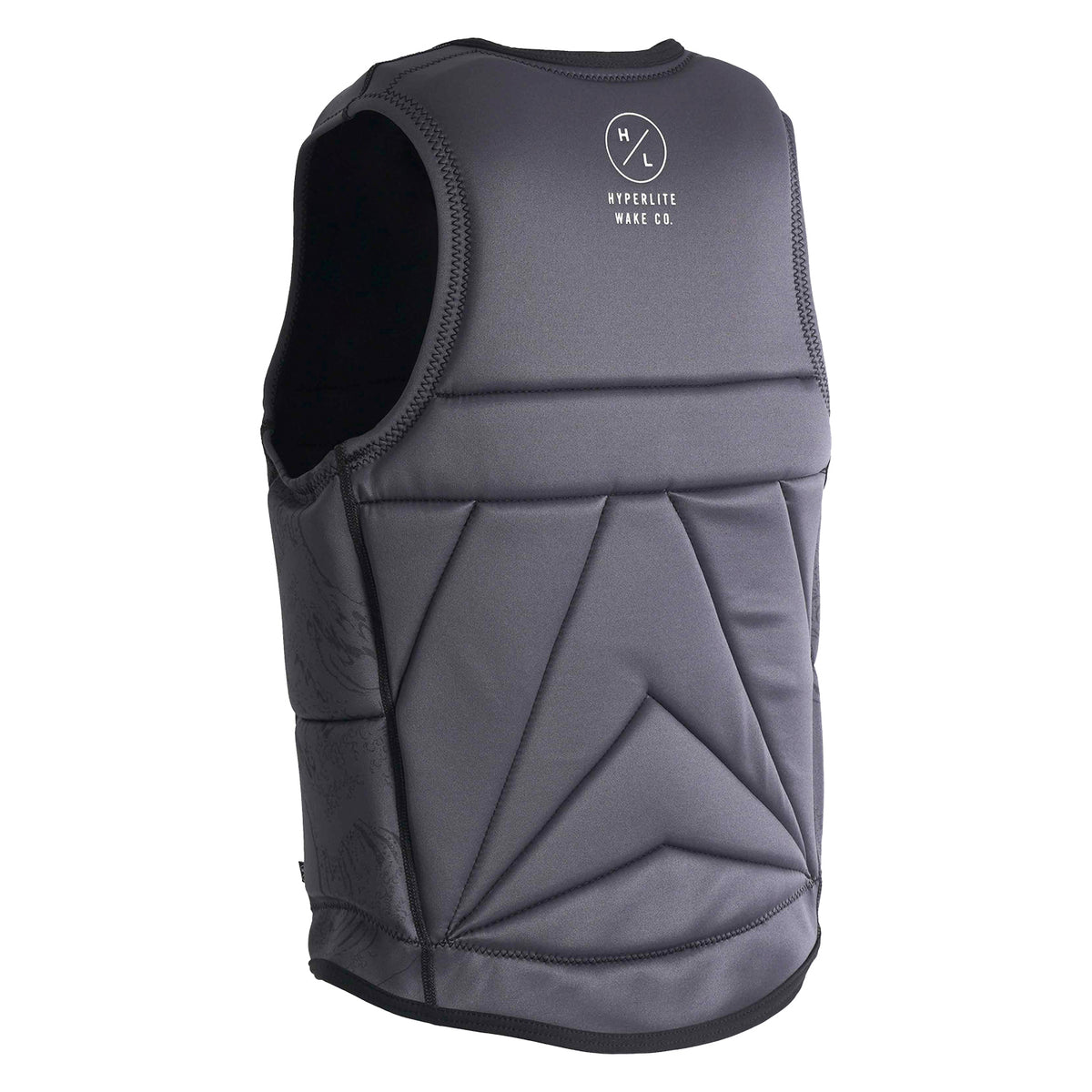 Rear angled view of Nalu Jacket showing gray panels with black trim and logo at top.