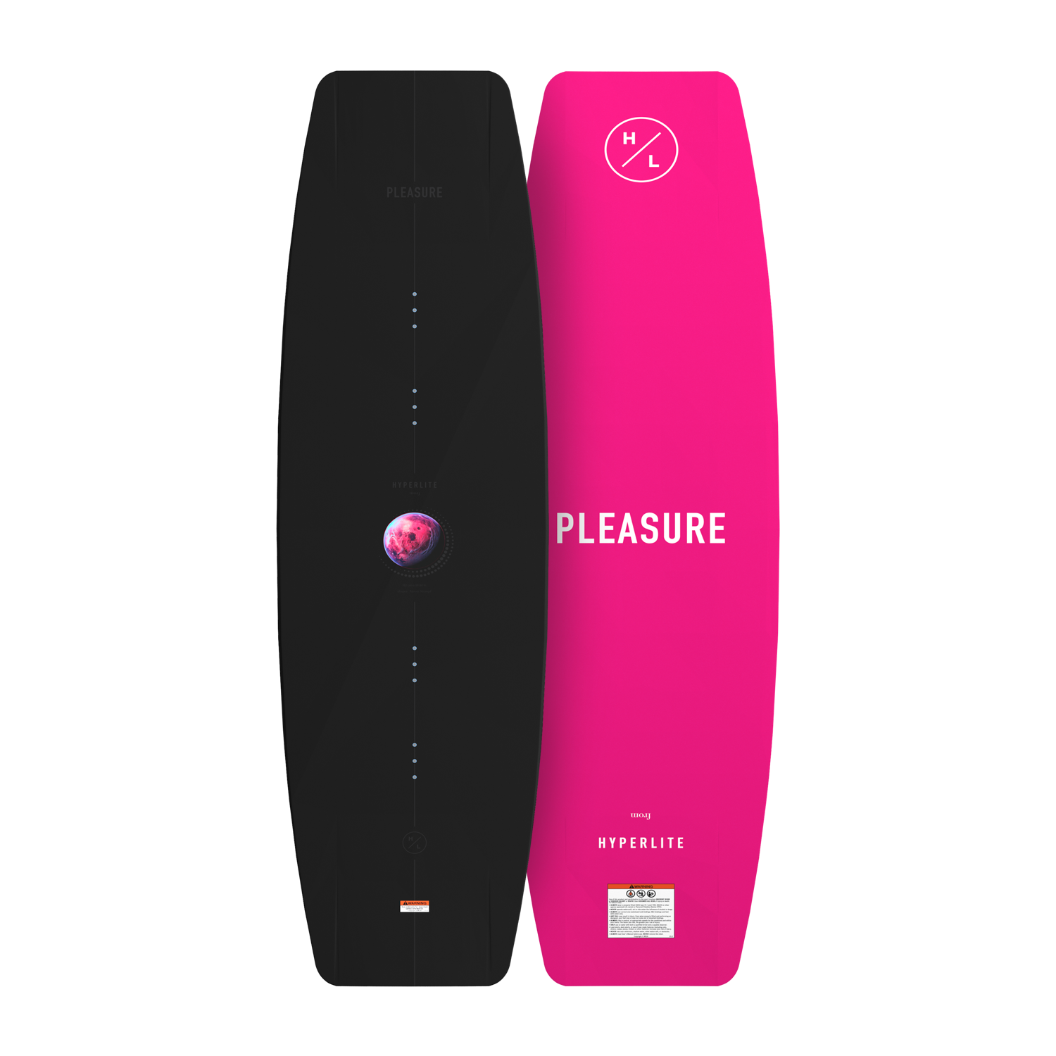 Top and base view of Pleasure wakeboards with black top and pink base in contrast.