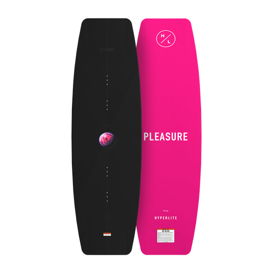 Top and base view of Pleasure wakeboards with black top and pink base in contrast.
