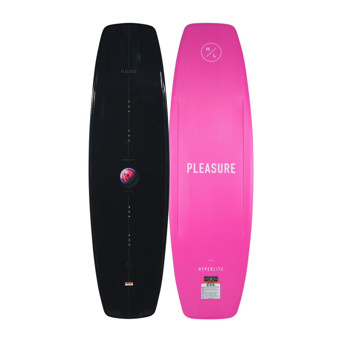 Front and back view of the Pleasure wakeboard showing black top and bright pink base.