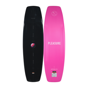 Front and back view of the Pleasure wakeboard showing black top and bright pink base.