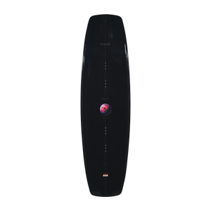 Top view of the Pleasure wakeboard featuring a black deck with a pink planet graphic.