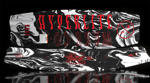Rage wakeboard bottom with red text and HL circle logo on black and white marble.
