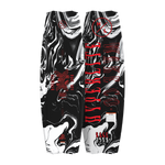 Top and bottom view of Rage wakeboard with black and white marble design and red accents.