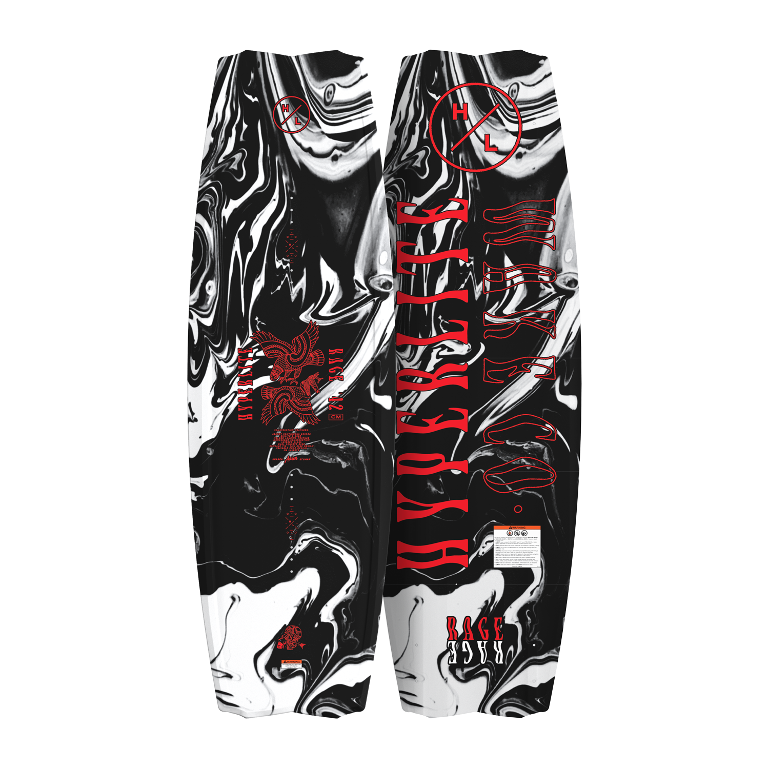 Top and bottom view of Rage wakeboard with black and white marble design and red accents.