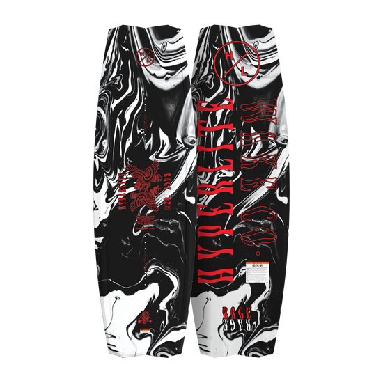 Top and bottom view of Rage wakeboard with black and white marble design and red accents.