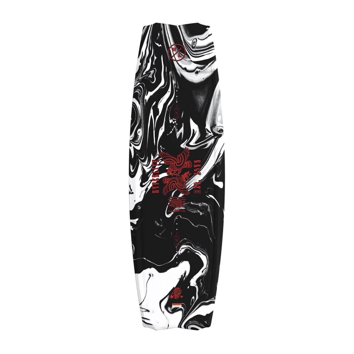 Top view of Rage wakeboard featuring marble graphic with red eagle artwork and HL logo.