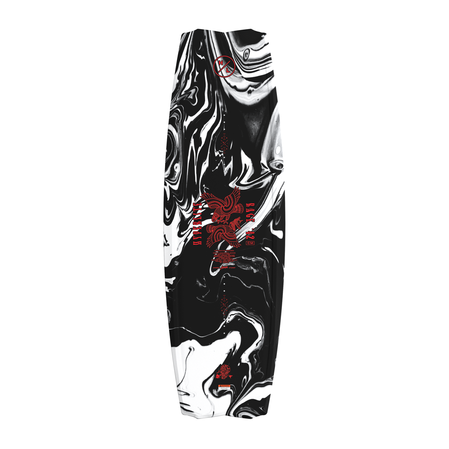 Top view of Rage wakeboard featuring marble graphic with red eagle artwork and HL logo.