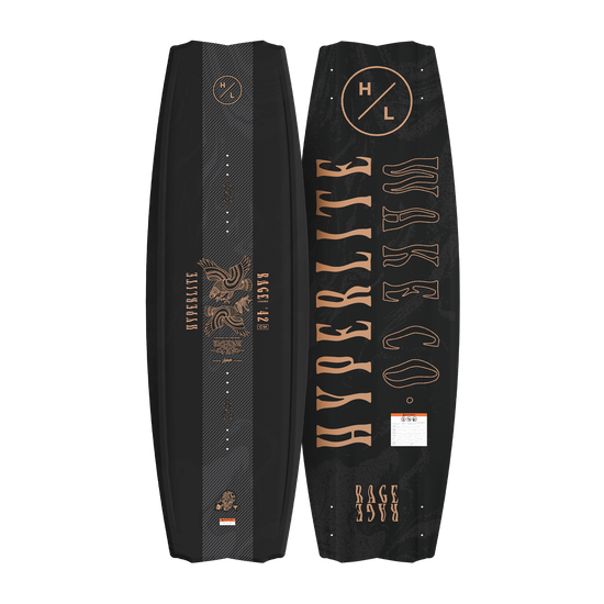 Top and bottom view of Rage Loaded wakeboard with black base and copper graphics.