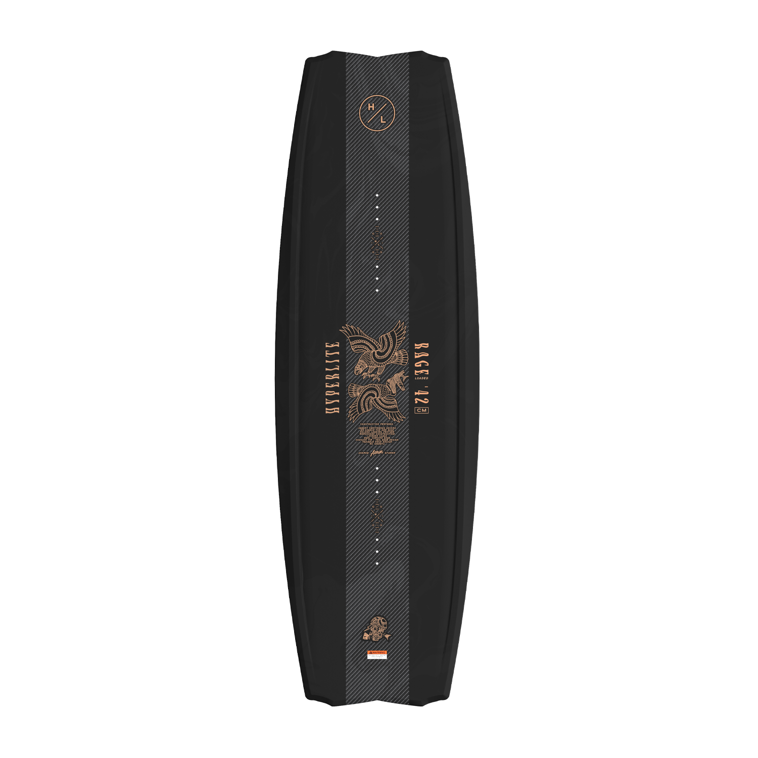 Top view of Rage Loaded wakeboard with carbon stripe and copper eagle graphic.
