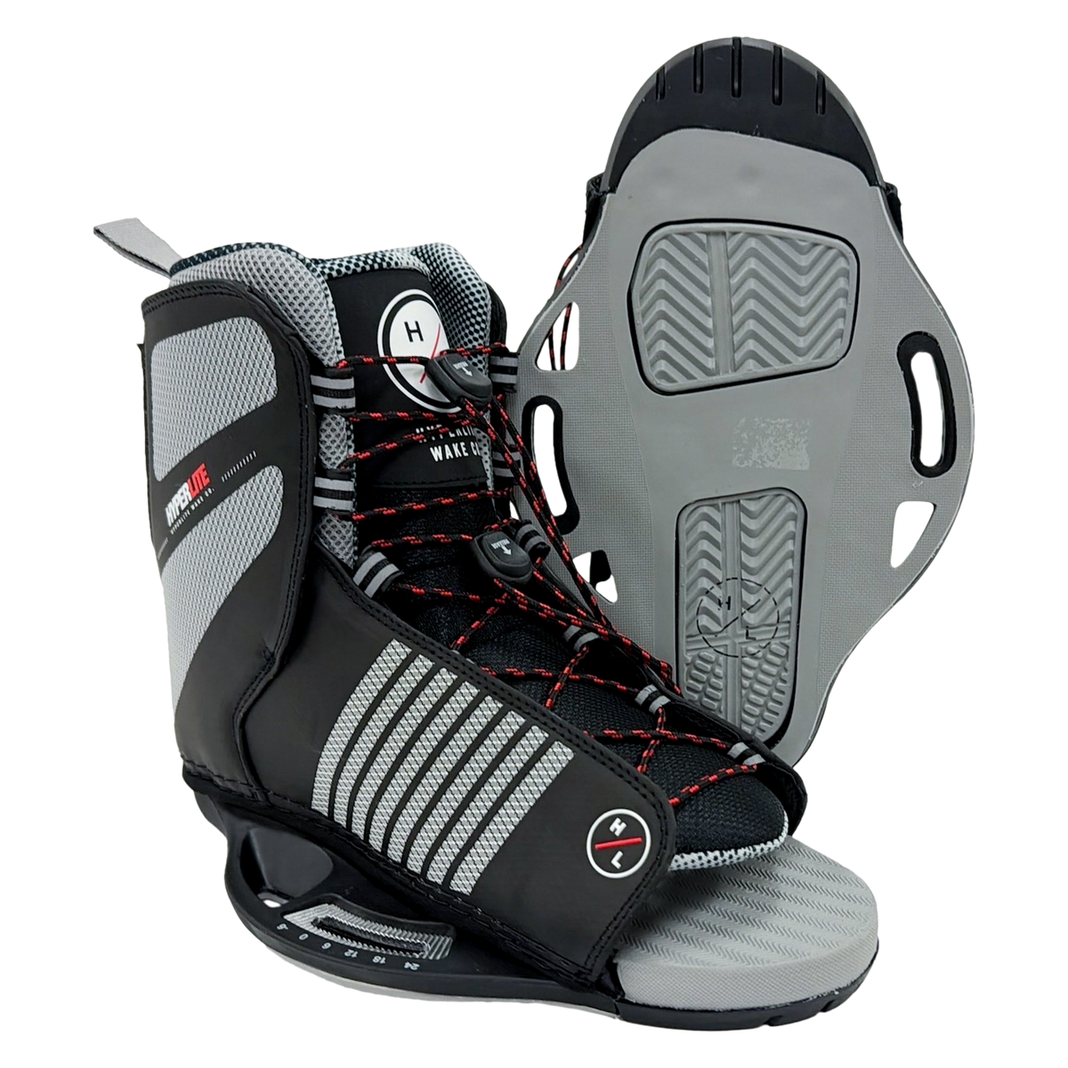 Angled side and baseplate view of Remix Binding with black and gray upper, red lace accents, and adjustable baseplate.