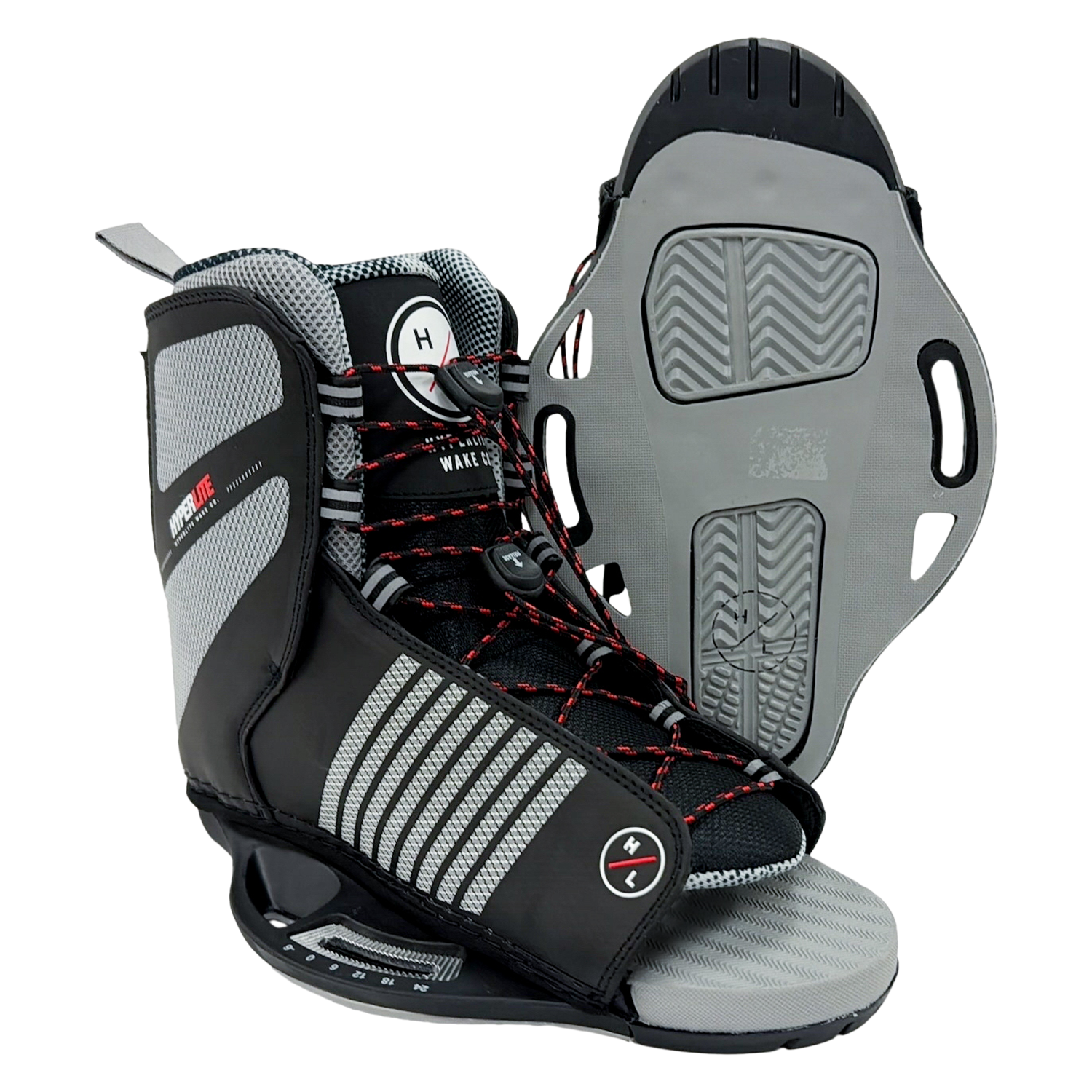 Angled side and baseplate view of Remix Binding with black and gray upper, red lace accents, and adjustable baseplate.