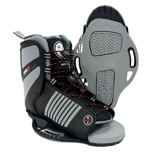 Angled side and baseplate view of Remix Binding with black and gray upper, red lace accents, and adjustable baseplate.