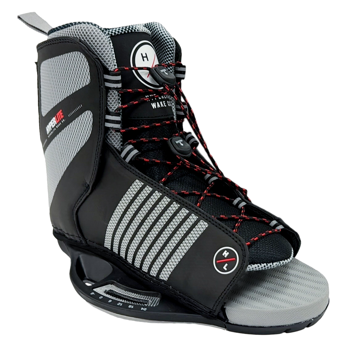 Angled front view of Remix Binding - Red showing the lace system, padded tongue, and gray footbed.