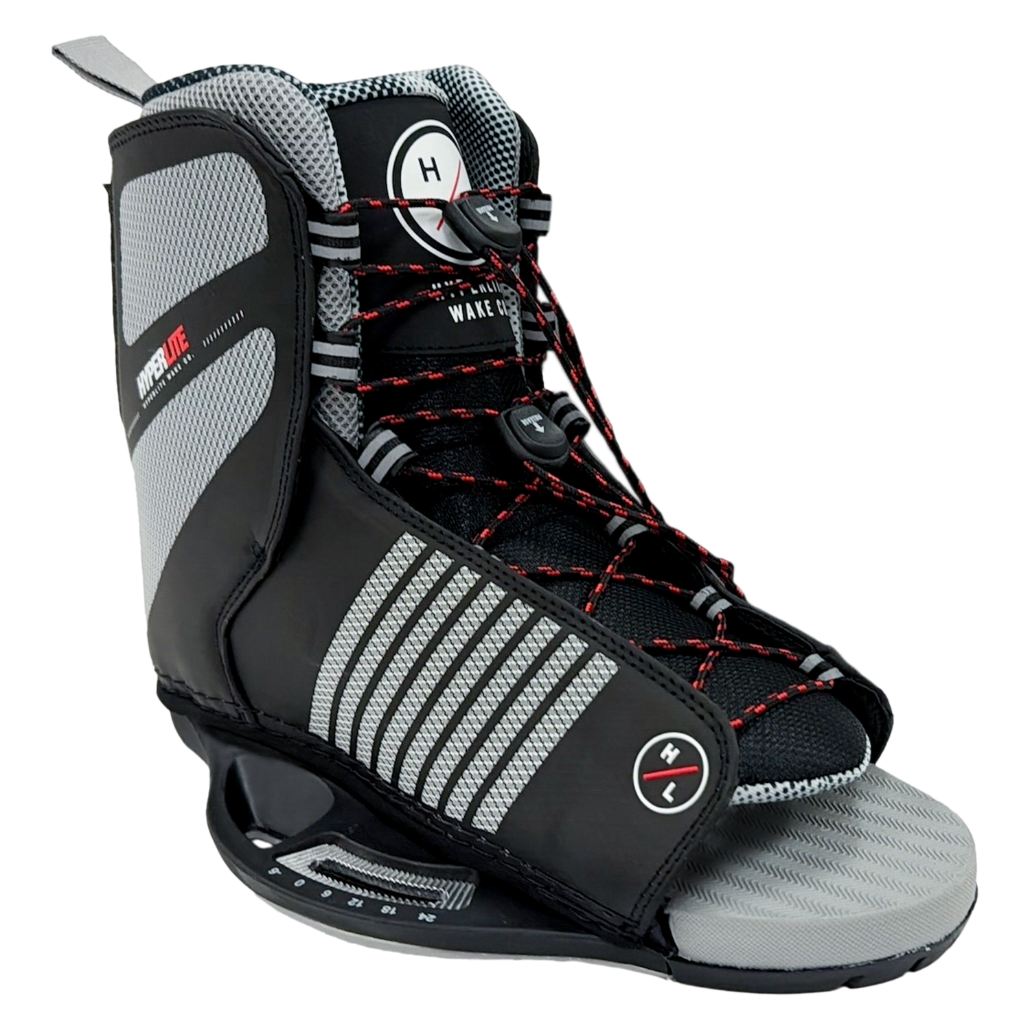 Angled front view of Remix Binding - Red showing the lace system, padded tongue, and gray footbed.