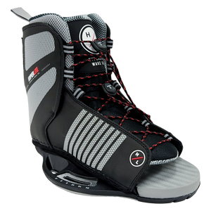Angled front view of Remix Binding - Red showing the lace system, padded tongue, and gray footbed.