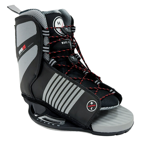 Angled front view of Remix Binding - Red showing the lace system, padded tongue, and gray footbed.