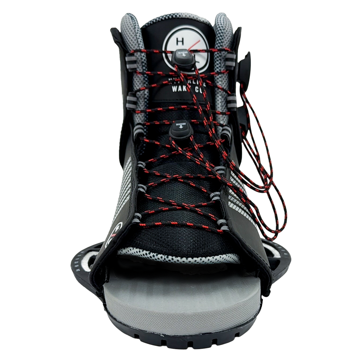 Front view of Remix Binding - Red with black mesh upper, red laces, and textured gray toe plate.