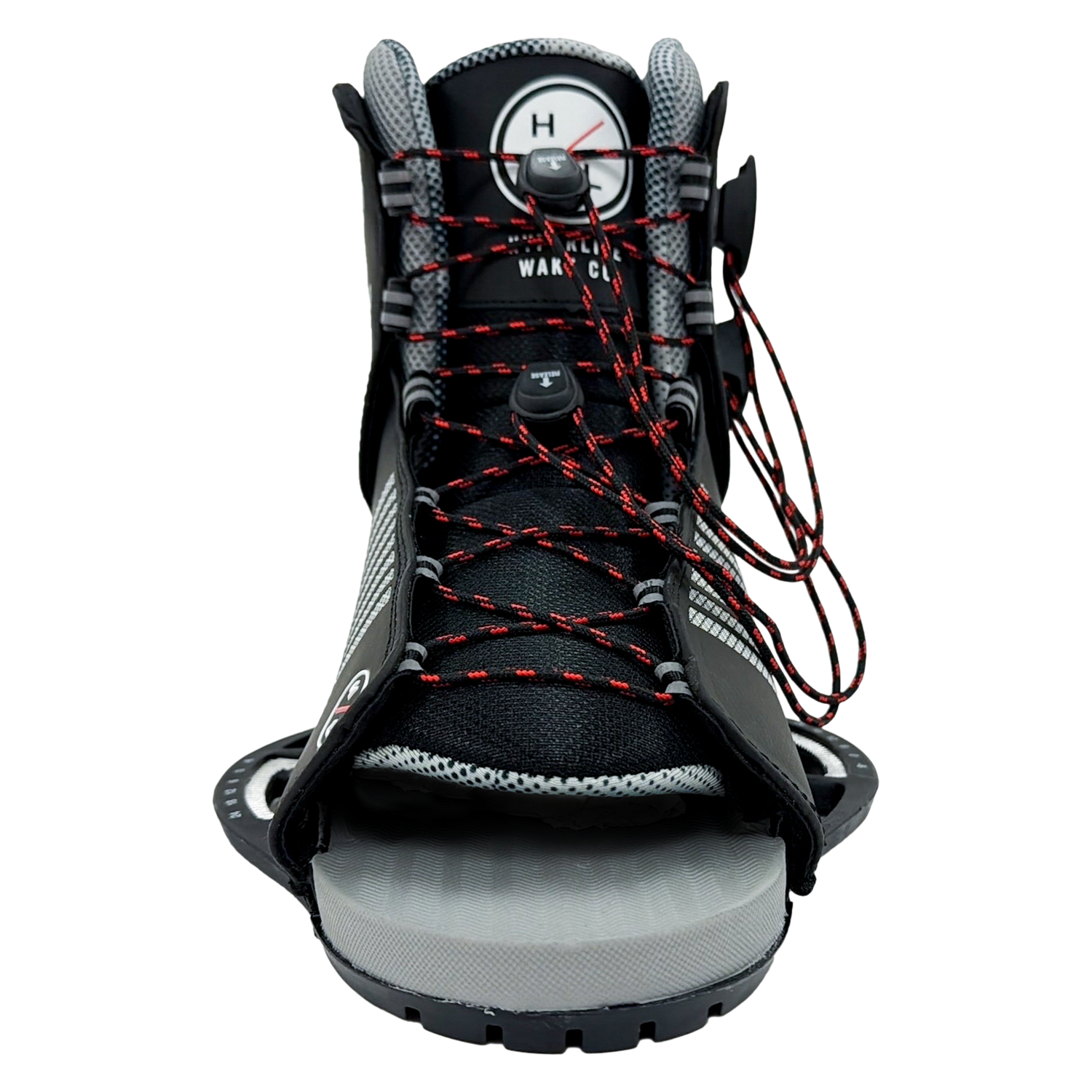 Front view of Remix Binding - Red with black mesh upper, red laces, and textured gray toe plate.