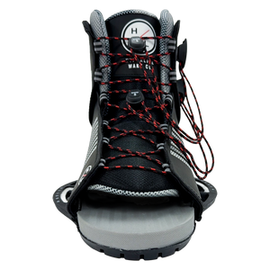 Front view of Remix Binding - Red with black mesh upper, red laces, and textured gray toe plate.