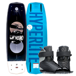 Top and bottom view of Sender wakeboard in black and blue with black Session bindings.