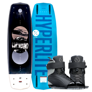 Top and bottom view of Sender wakeboard in black and blue with black Session bindings.