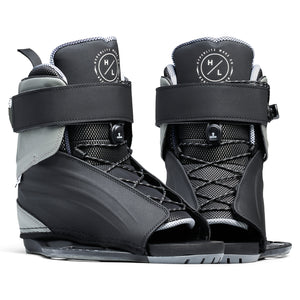 Angled view of Session Binding pair showing black and gray open-toe boots with straps and laces.