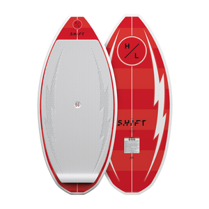Top and base view of Shift wakesurf board in red with white traction pad and accents.
