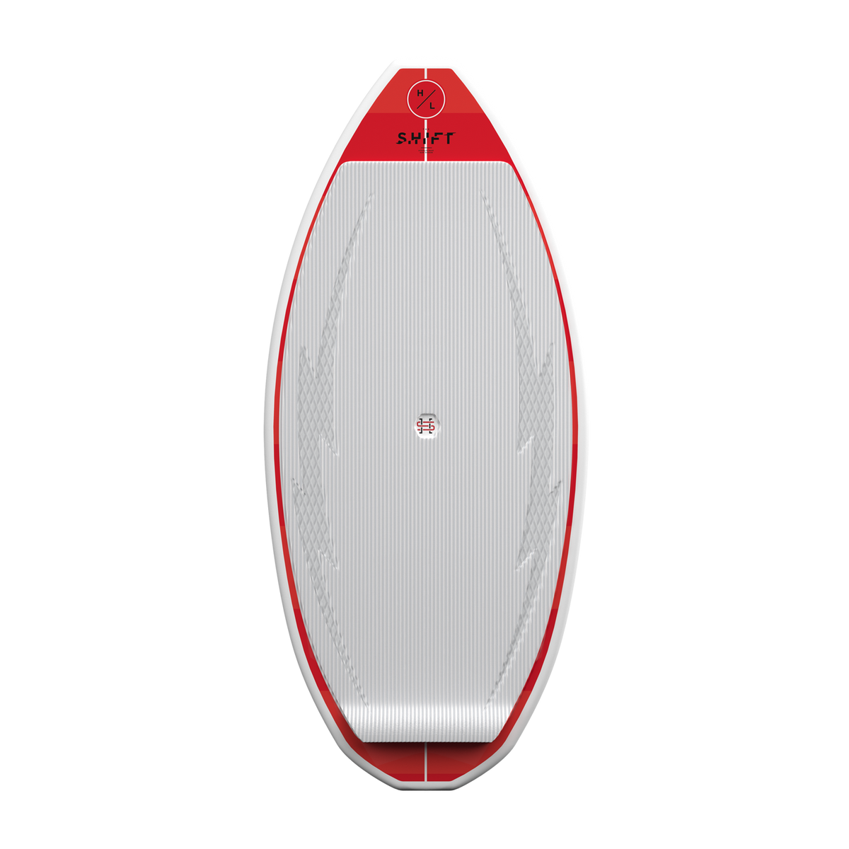 Top view of the Shift wakesurfer in red with a white traction pad.